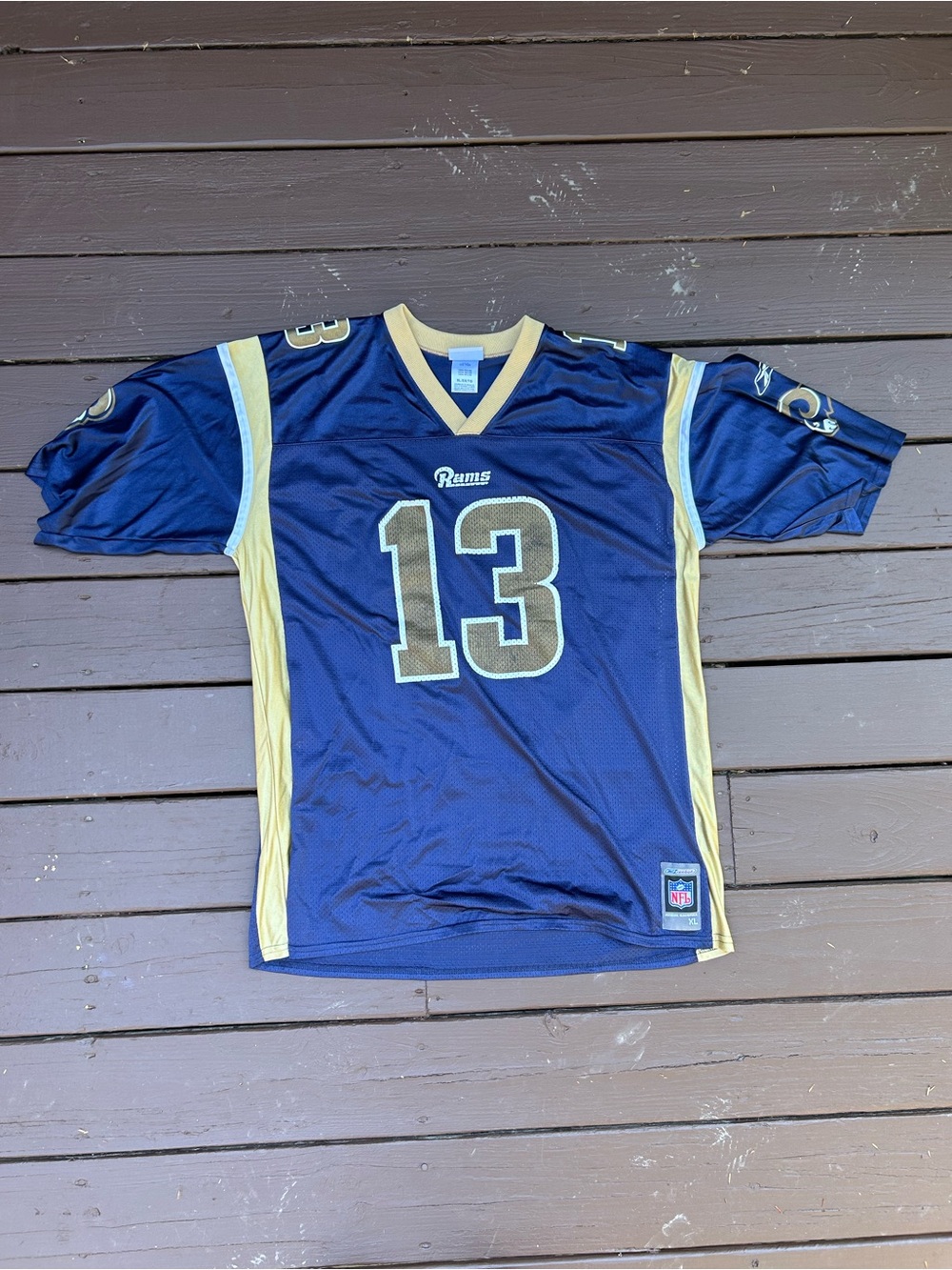 Vintage NFL Rams #13 Navy and Gold Kurt Warner Football Jersey
